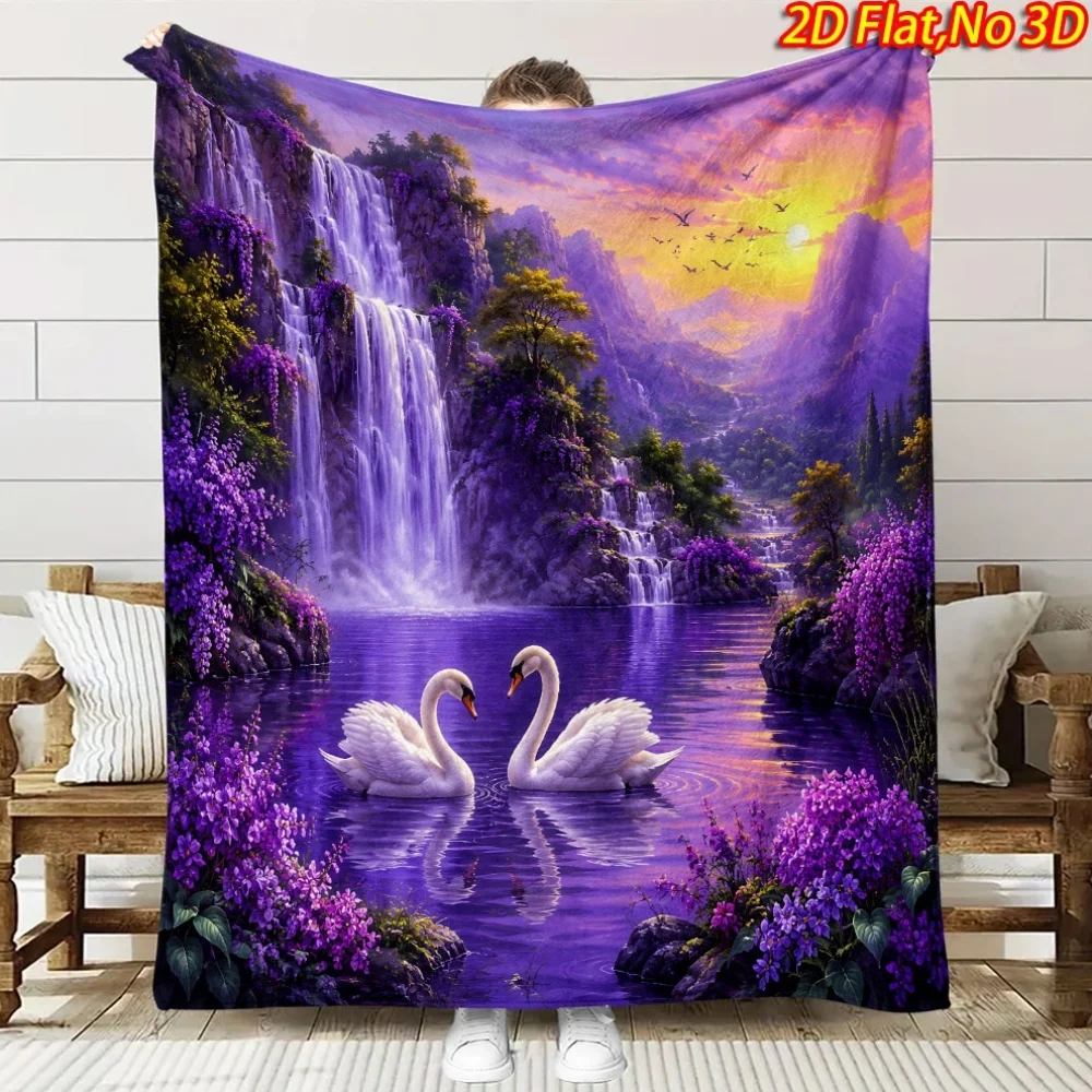1pc 2D Flat Printing Spring And Summer New Arrival Dreamy Waterfall Swan Theme Digital Print Blanket, All-Season Use, Casual Thr
