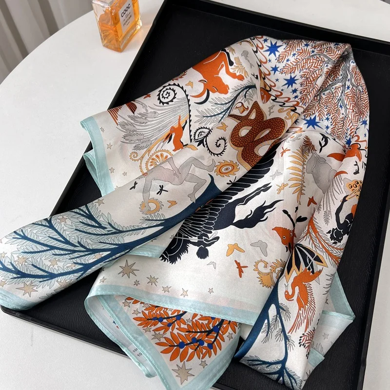 100% Mulberry Silk Scarf Fantasy Jungle Vintage Square Scarf Shawl Wrap Women Elegant Fashion