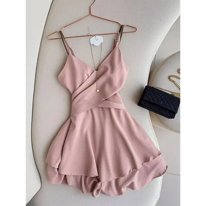 2025 ملابس النساء الصيف Kpop خمر الصيف مثير فتاة السباغيتي فستان بحزام بلا أكمام الكشكشة فستان سليم المناسب فستان الصلبة