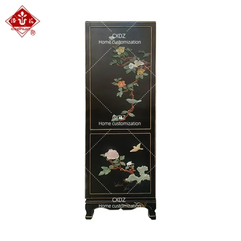 Black Lacquer Four Door Cabinet with Bone and Stone Inlay Featuring Flower Bird and Character Motifs Exquisite Craftsmanship