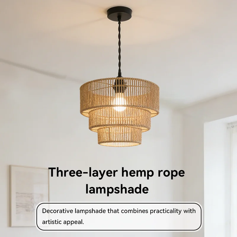 Woven Rattan Lamp Shade Replacement, Farmhouse Rustic Wicker Light Cover, Boho Style 2-Tier Pendant Lampshade for Hanging Lights
