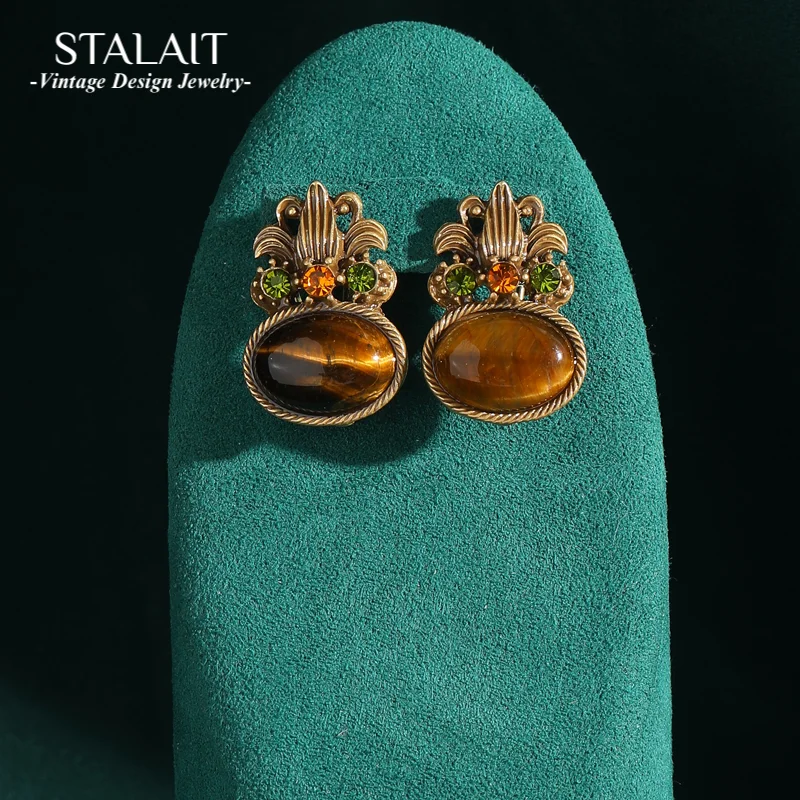 

Antique Jewelry Oval Shape Brown Tiger Eye Natural Stone Vintage Stud Earrings for Women Retro Plant Rhinestones Accessories