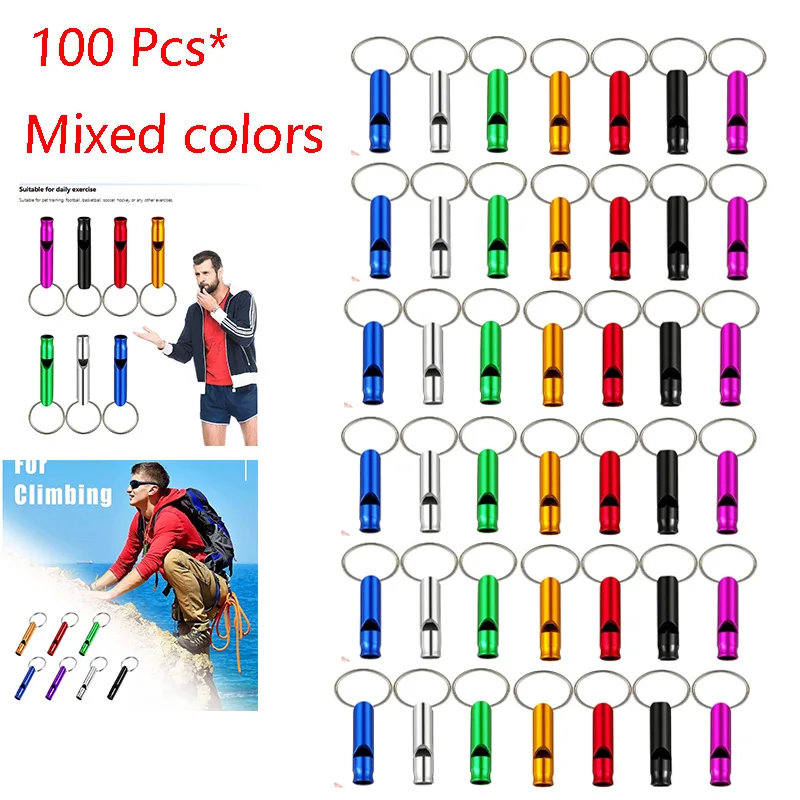 100 PCS/Lot Mini Aluminum Alloy Whistle Keyring Keychain For Outdoor Emergency Survival Safety Sport Camping Hunting