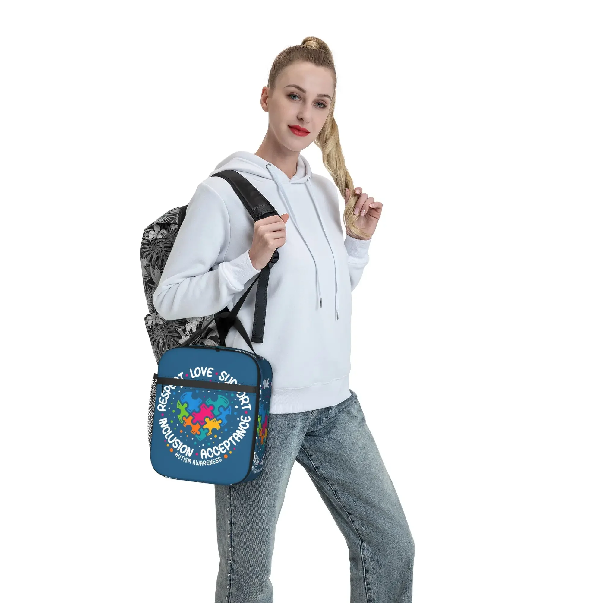 Autism Awareness Respect Love Support Blue Autism Lunch Bag Casual Lunch Box For Women Cooler Bag Oxford Thermal Lunch Bags