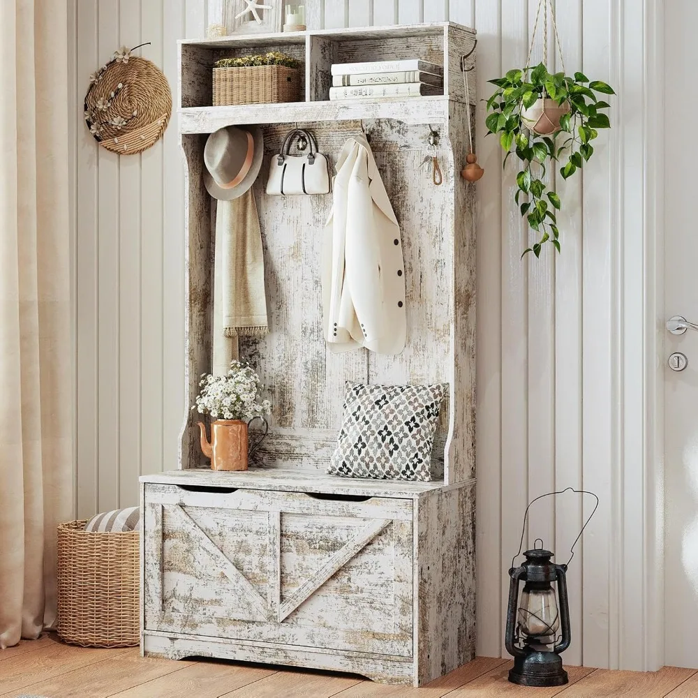 Hall Tree with Bench and Shoe Storage, Entryway Bench with Coat Rack and Shoe Cabinet, Flip-Down Cabinet Door, Coat Rack with S