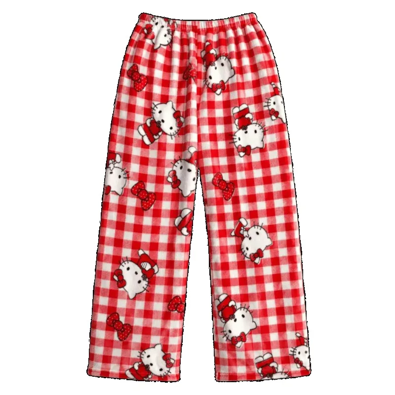 His Hers Matching Hello Kitty Red White Gingham Flannel Pajama Pants Elastic Waist Wide Leg Sleepwear Holiday Gift Home Trousers
