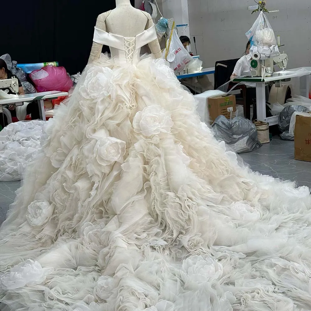 Blooming Wedding Dress Ivory Satin Organza Ball Gown Customized Off Shoulder 3D Flowers Appliques vestidos de novia boda