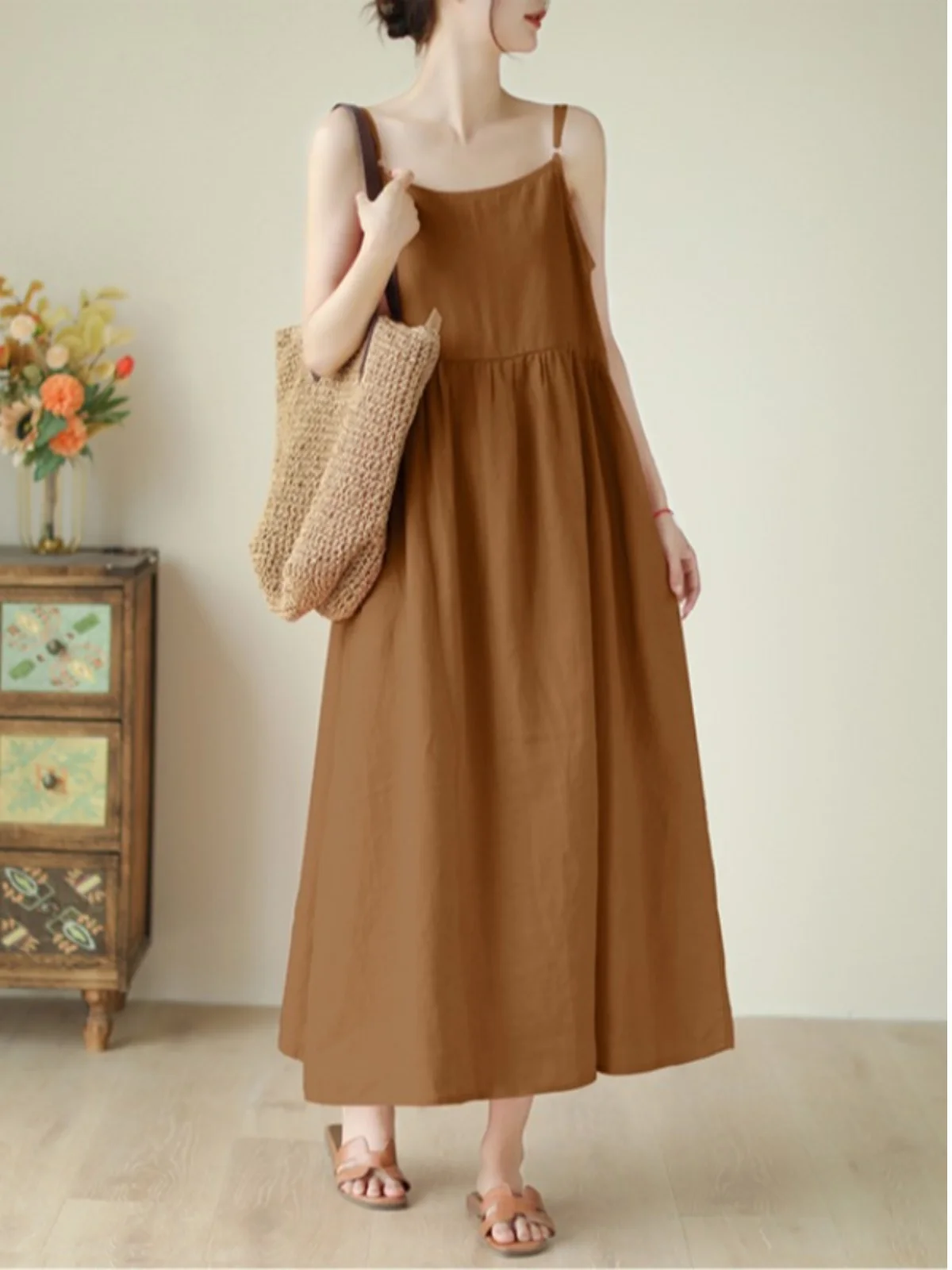 Artistique ample coton lin Midi Dr Svel mince Simple a-ligne robe Vintage Sle décontracté été Faion femmes Dr