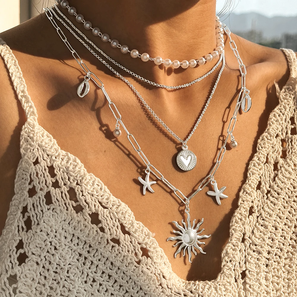 Stainless steel necklace sunflower starfish four-layer pearl collarbone chain temperament noble women's jewelry party collocatio