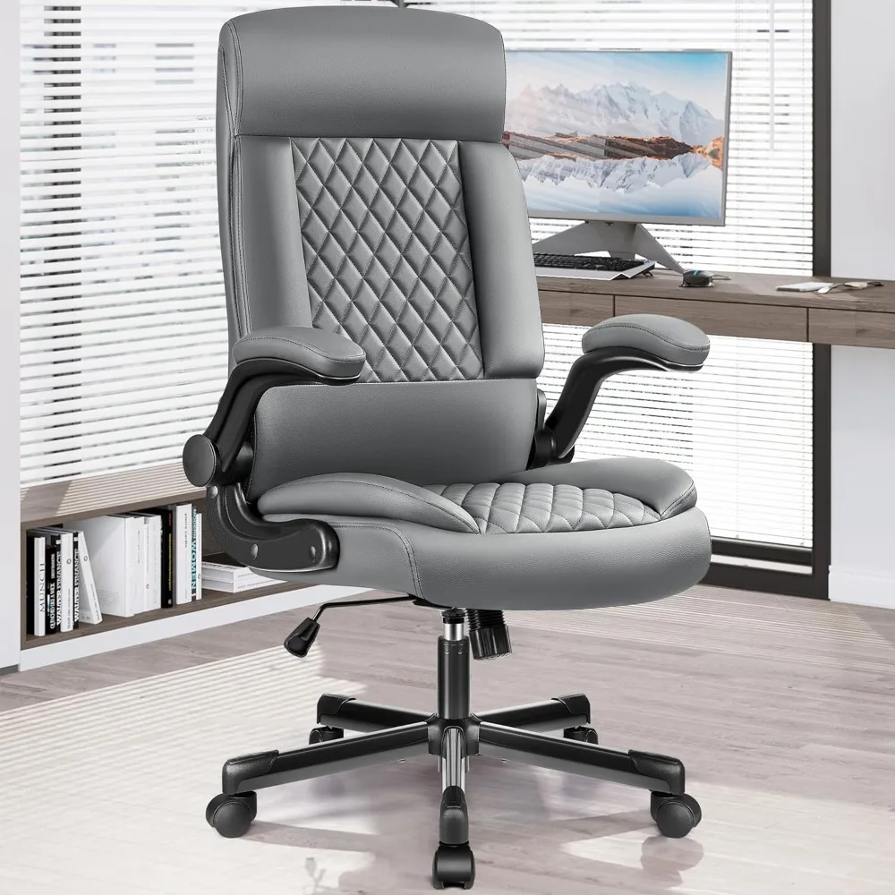 

Ergonomic Office Chair - Executive leather office chair on wheels with flip armrests and lumbar support swivel rolling