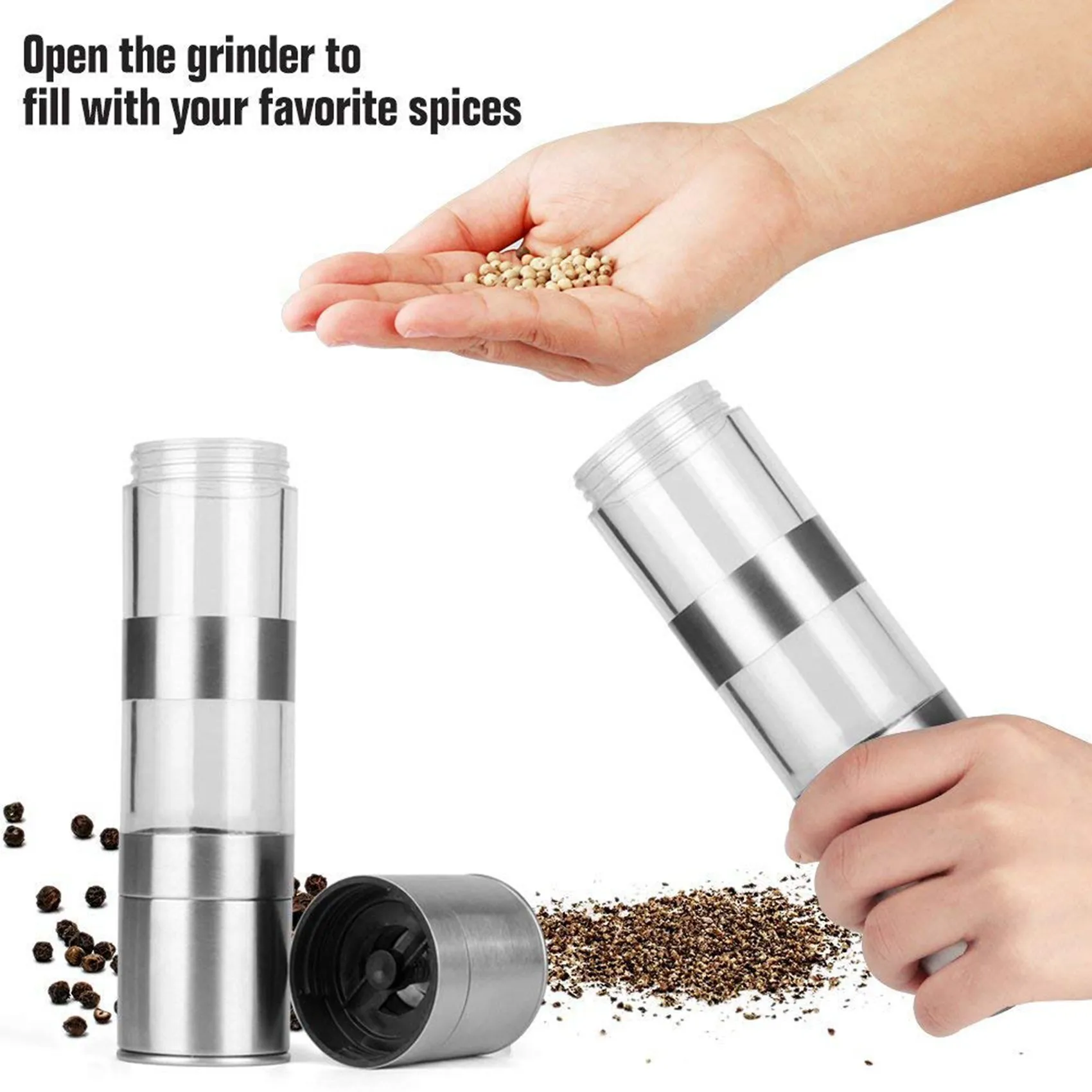 

A53Q-3 Pcs Salt And Pepper Grinder Set,Stainless Steel Salt Grinder With Adjustable Rotor 22Cm & 15Cm