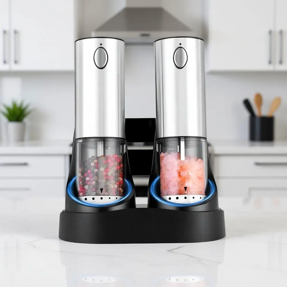 

Набор электрических мельниц для соли и перца из нержавеющей стали, автоматическая мельница для перца большой емкости с перезаряжаемой базой и LED-подсветкой