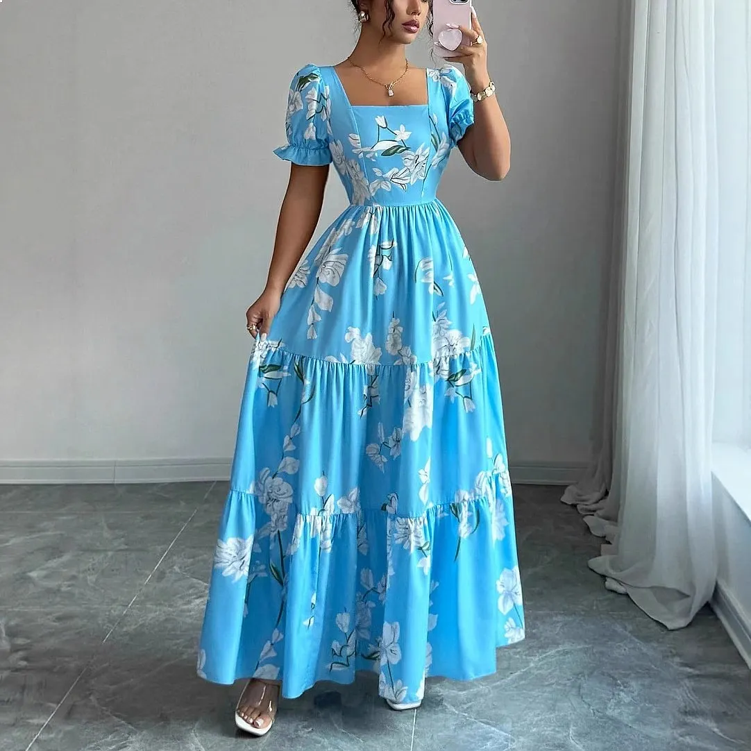 Elegant Floral Print Square Neck Dress Dresses Spring Summer Maxi Flowy Midi Overall Jumpsuit Matching Set