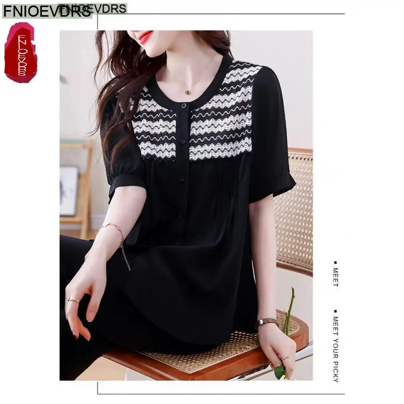 느슨한 옷 여성 2025 여름 짧은 소매 캐주얼 패치 워크 스트라이프 자수 탑 버튼 블랙 레이디 셔츠 블라우스