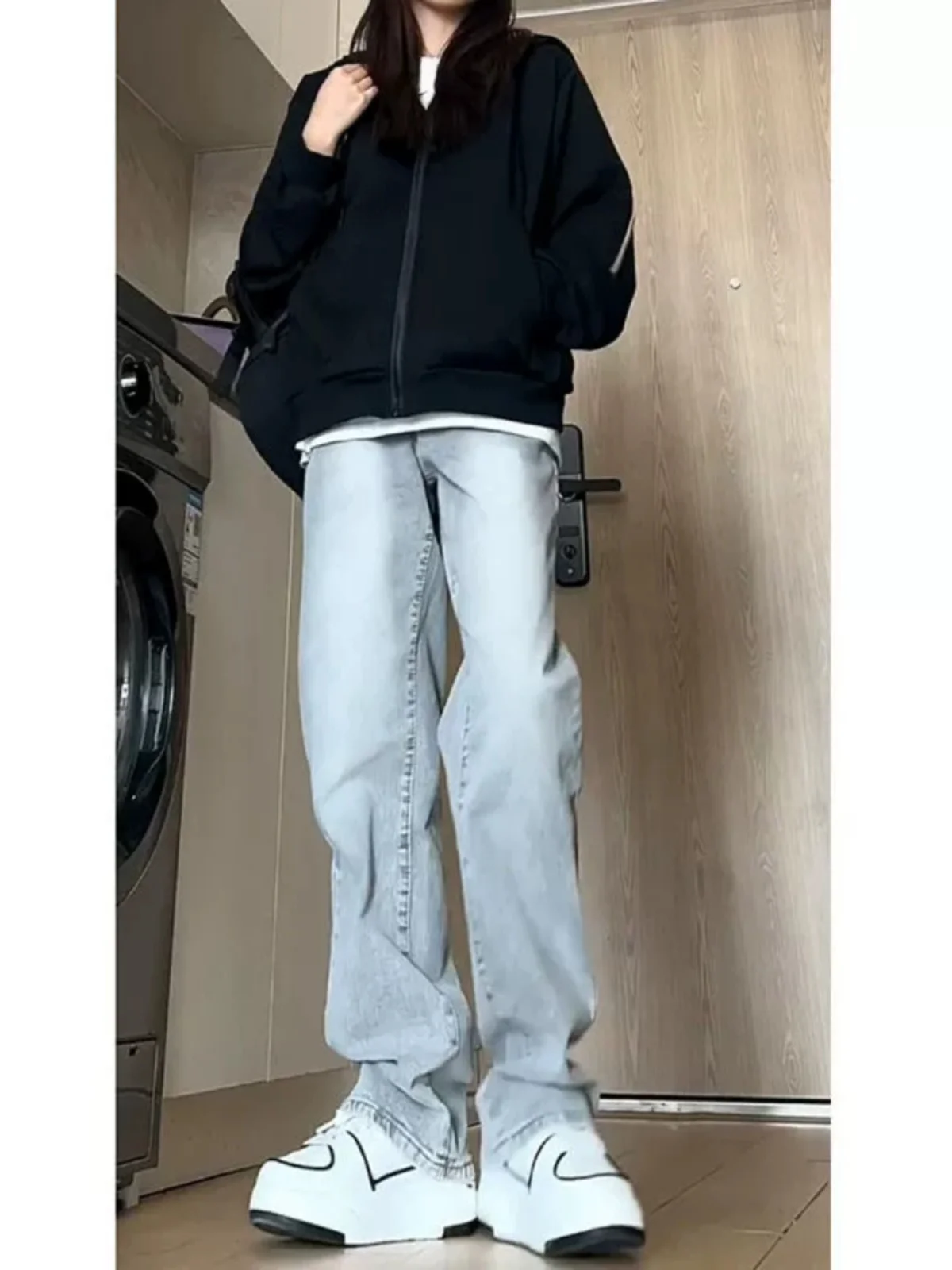 

High Waist Straight Leg Jeans for Men Cement ey High Street Vibe Casual Long Pants Youth Faion Spring Autumn Wear