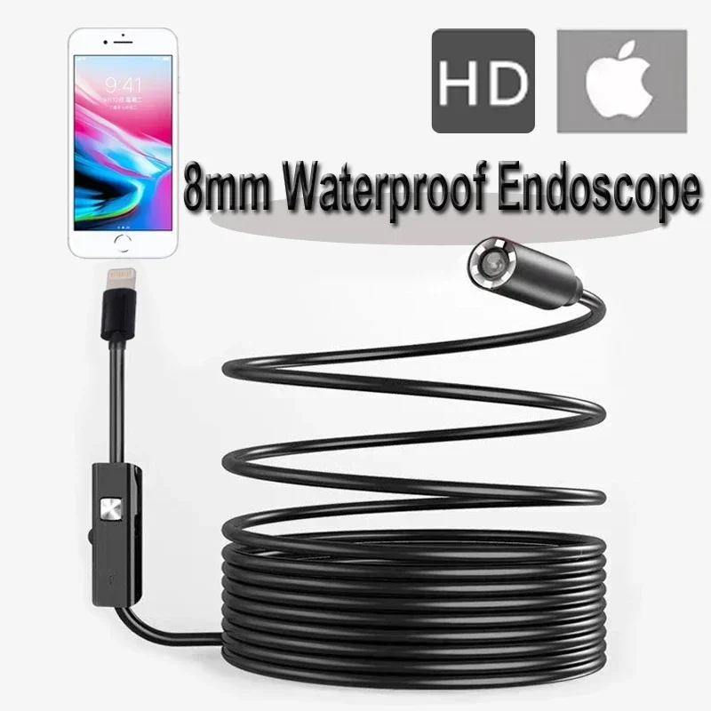 

8mm HD Waterproof IP68 Endoscope Camera OTG Lightning Port Inspection Borescope Soft Hard Flexible Snake Cable Tube Endoscopy