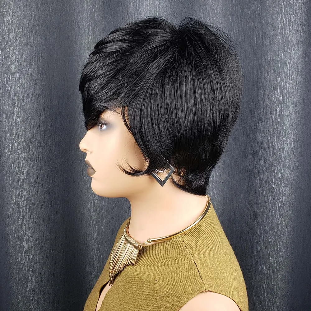 Pixie Cut Wigs for Black Women Human Hair Short Layered Wigs Full Machine Made Natural Wig with Bangs
