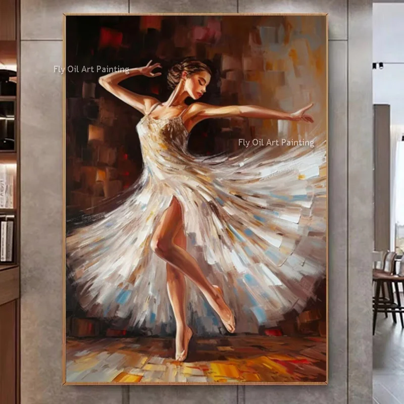 

Special Design Handmade Abstract Black And Brown Girls Dacing Ballet Canvas Oil Painting Modern Woman Wear White Derss Artwork