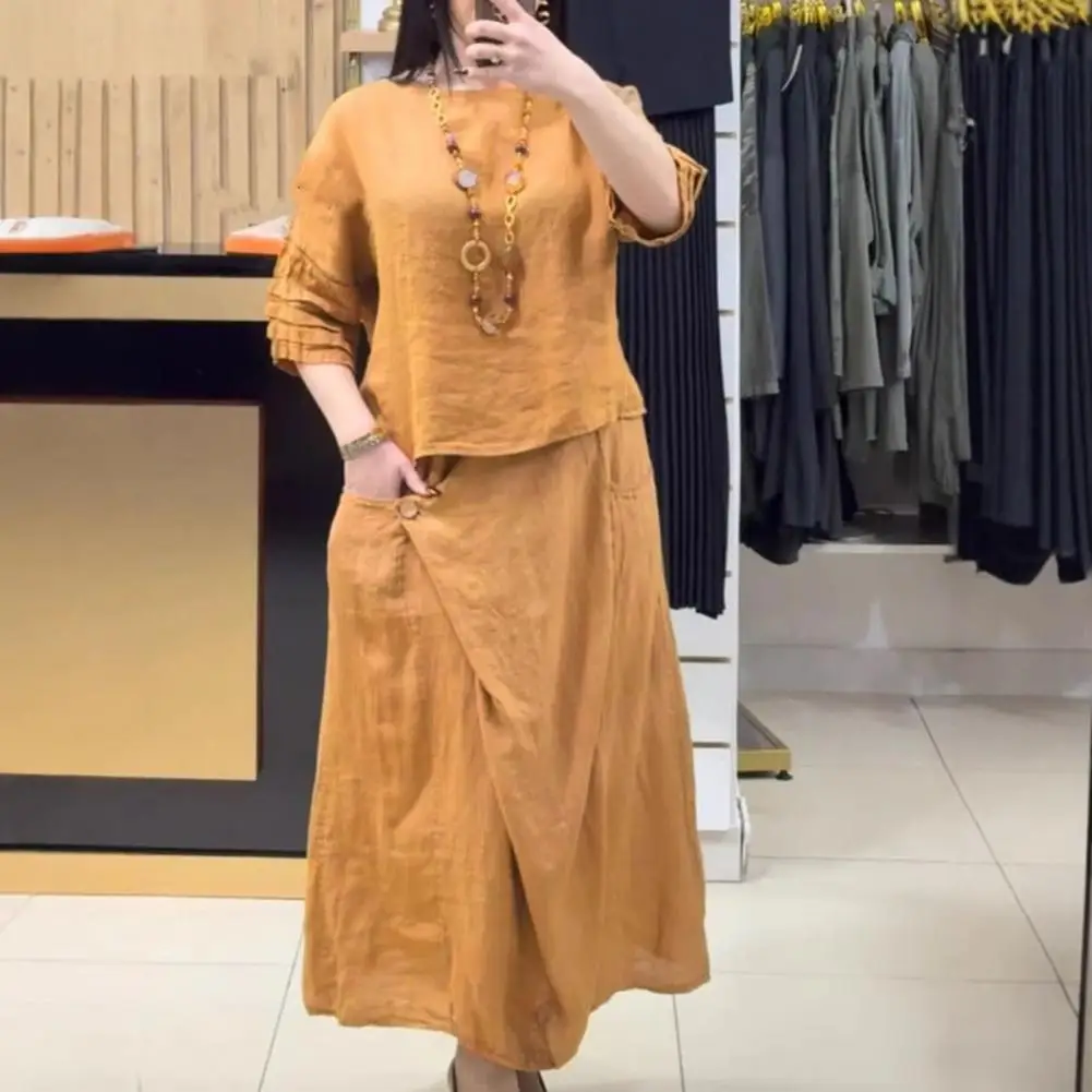 

Women's Summer Linen Outfits Crewneck Short Sleeve Top Loose Midi Skirt Set Casual Lounge with Pockets OL Commuter Style Outfit