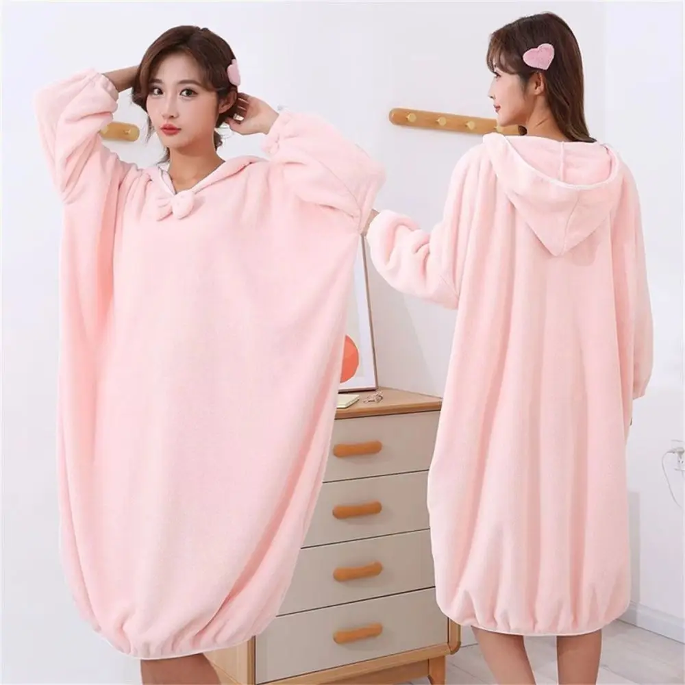 Comfortable Coral Fleece Bathrobe Women Winter Warm Dressing Gown Hooded Thickened Sleepwear Pajamas Soft Loungewear