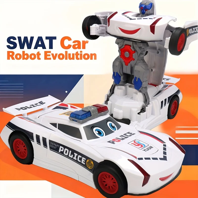 Transforming Police Car Toy，SWAT Car Robot Evolution，Fun and Cool Trendy Toy Car（Does not include batteries），Cute Musical Cartoo