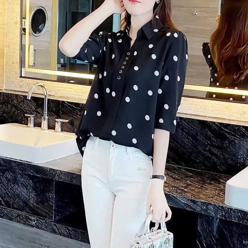 Fashion Lapel Printed Polka Dot Button Oversized Chiffon Shirt New Summer and Autumn Casual Tops Loose Commute Women\'s Blouse