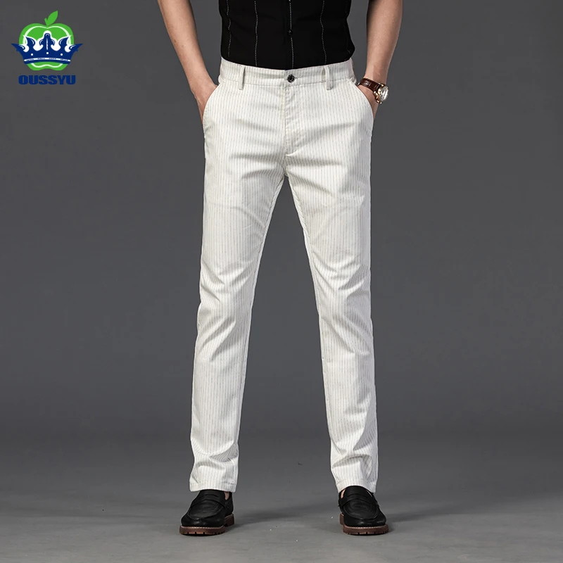 Brand 2024 New Pants Mens Stripe Stretch Pant Straight Slim Fit Business Plaid Formal Wedding Korea Work White Trousers Male