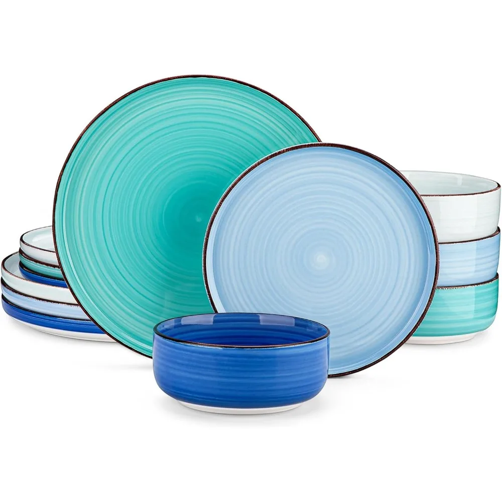 

bonita blue dinnerware sets, plates and bowls set for 4, 12 pieces stoneware dinnerware set, dishwasher and microwave safe