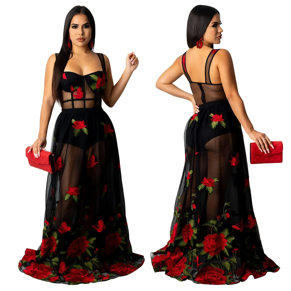 Faionable Sexy Low Cut Strap Printed Dr Women's Clothing Embroidered V Ne High Waist Long Skirt Street Sle Autumn Wear