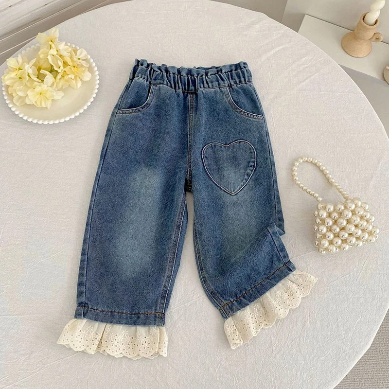 2-6 سنوات الفتيات الجينز طفل الفتيات القلب الجينز ربيع الخريف الفتيات سراويل جينز عادية الاطفال تمتد متوهج السراويل ملابس الأطفال #2
