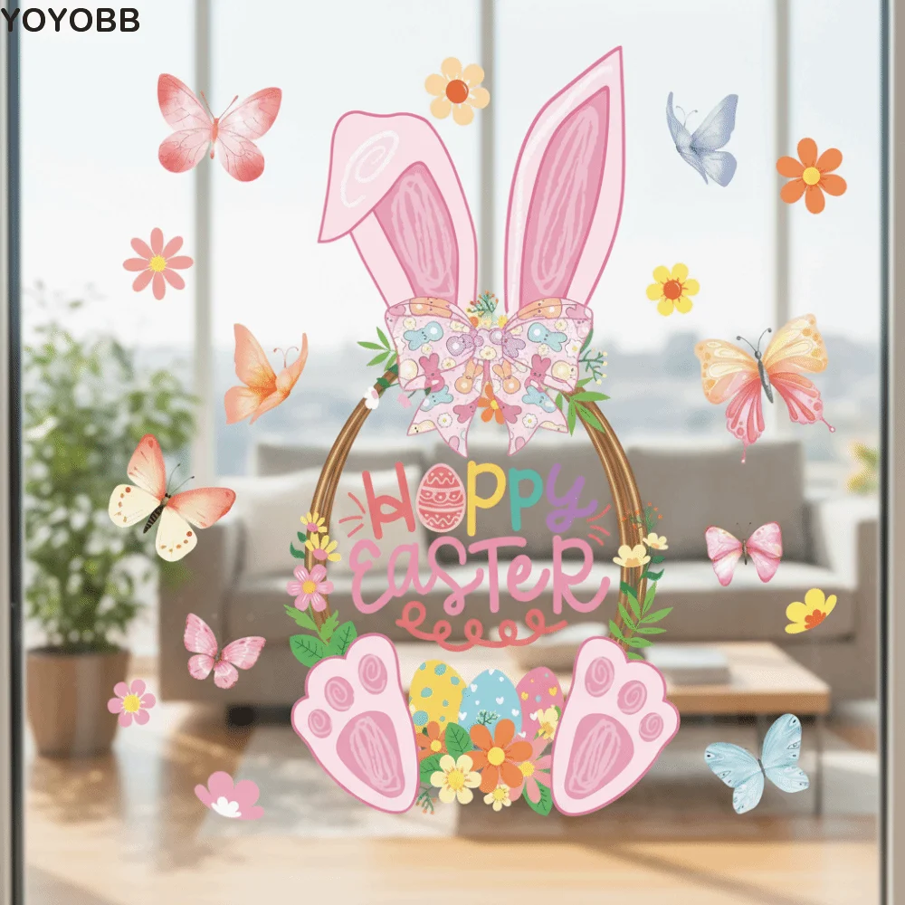 

Pink Easter Window Stickers Double-Sided Static PVC Happy Easter Window Stickers Easy Apply Decorative Rabbit Bunny Wall Decal