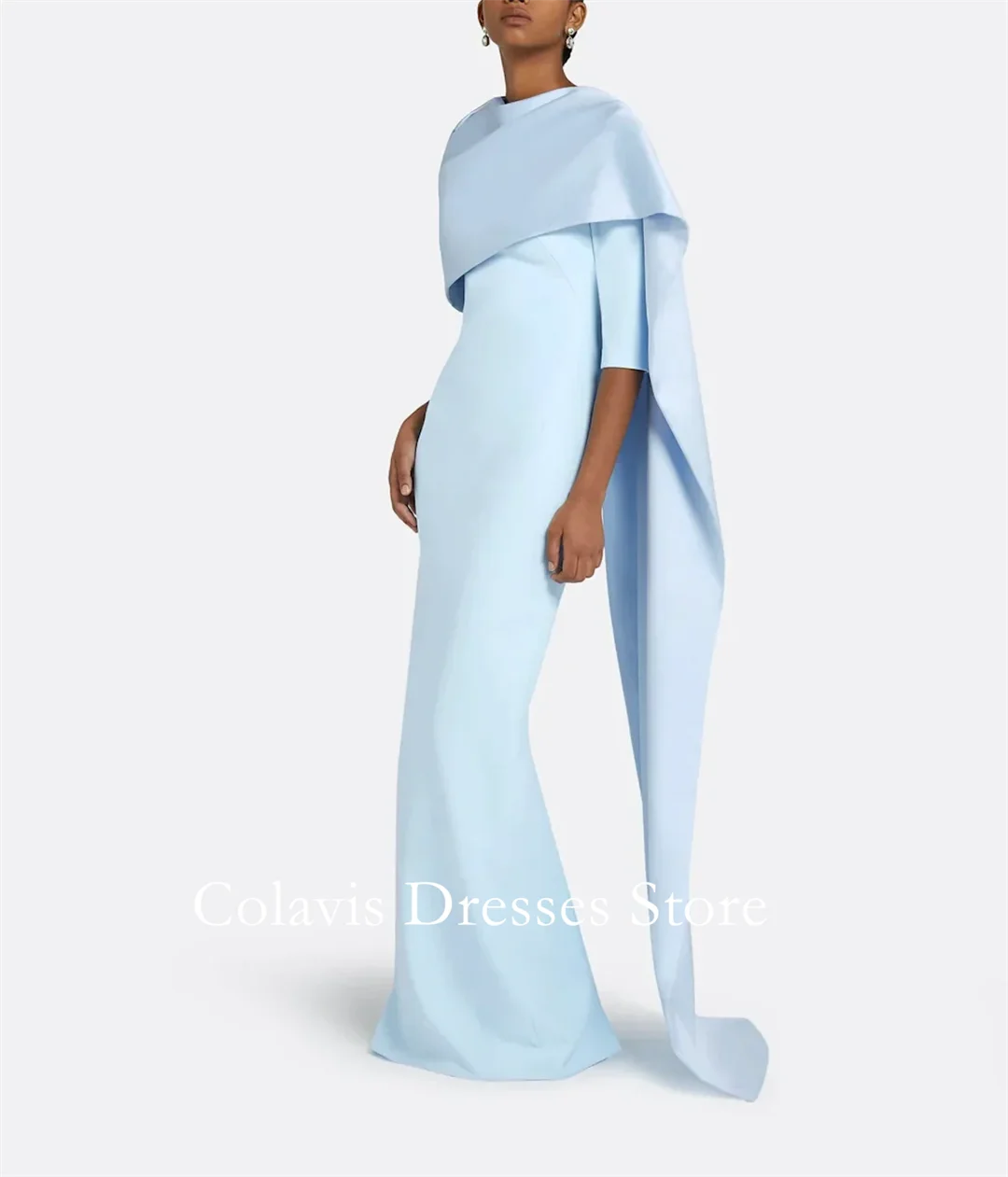 

2025 Customized High Neck Half Sleeves Sky Blue Plus Size Prom Dresses Evening Dress Women Evening Gowns Formal Party Dress