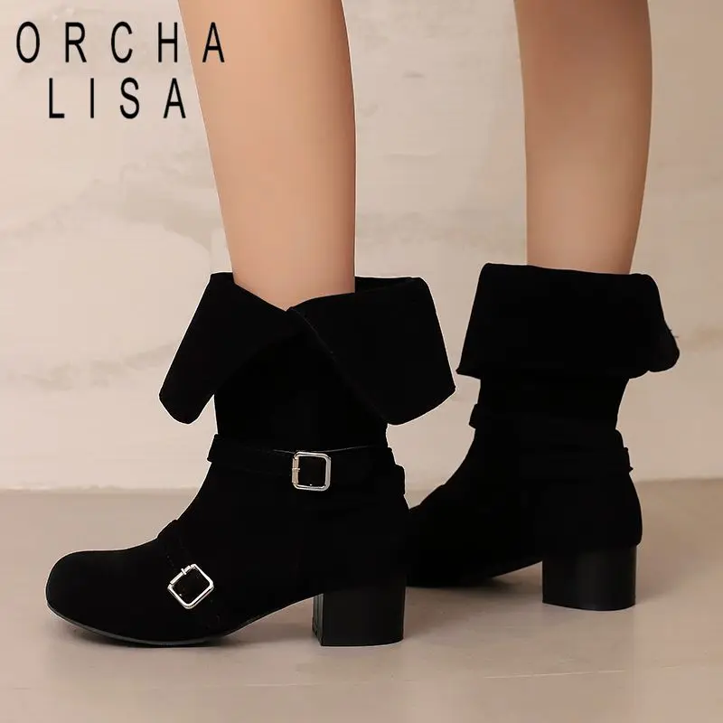 

ORCHA LISA Женские ботильоны до середины икры с круглым носком из флока, замша, толщина 4 см, без шнуровки с пряжками на ремне, большой размер 42 44 Осенние повседневные бота