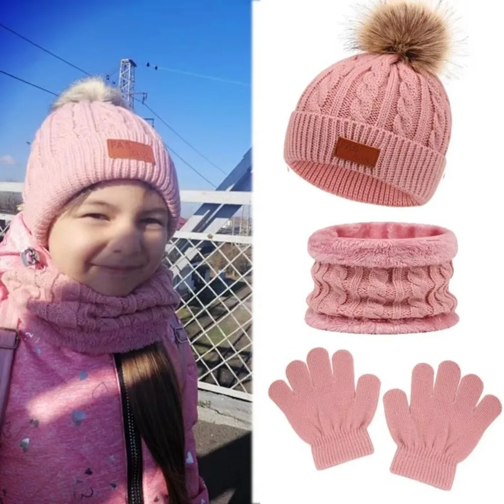 

3pcs/set Warm Ears Solid Color Baby Hat Scarf Gloves Set Cute Pompom Comfortable Knitted Hats Warmer Hat Set Outdoor