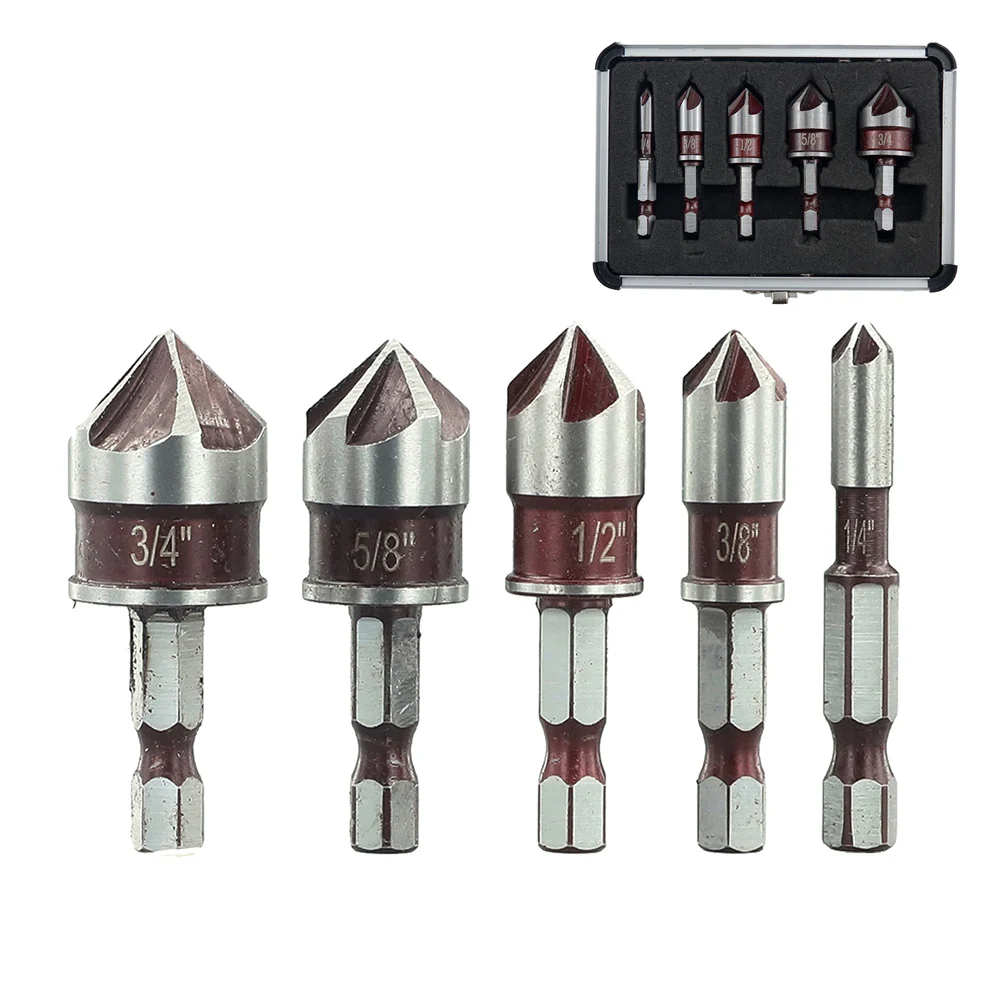 

5PCS 5-Flute Countersink Drill Bit 82-Degree Chamfer Tool 3/4 5/8 1/2 1/4 3/8in For Power Tool Drill Bits Accessory