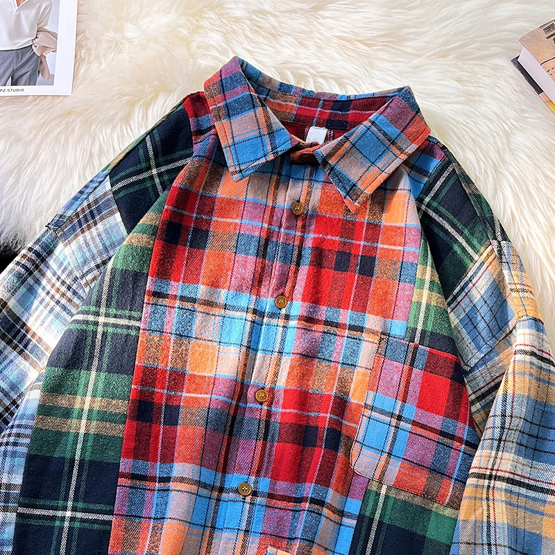 2024 Men Plaid Long Sleeve Shirts Loose Cotton Casual Patchwork Males Soft Evening Formal Blouses Street Pocket Clothing C174