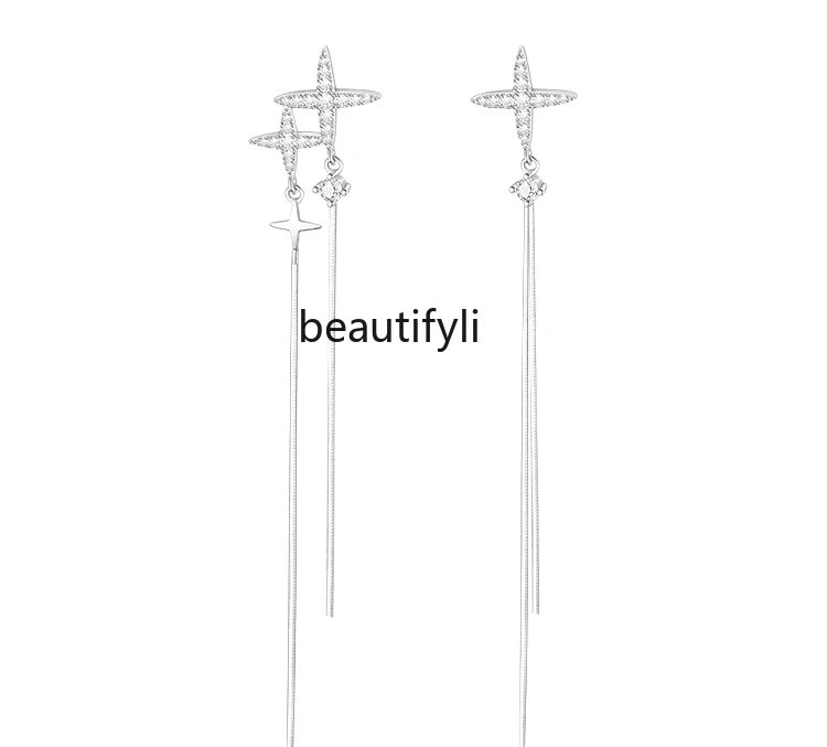 

925 Sterling Silver Star Zircon Tassel Eardrops Female Earrings Light Luxury High Sense Long Elegant Earrings