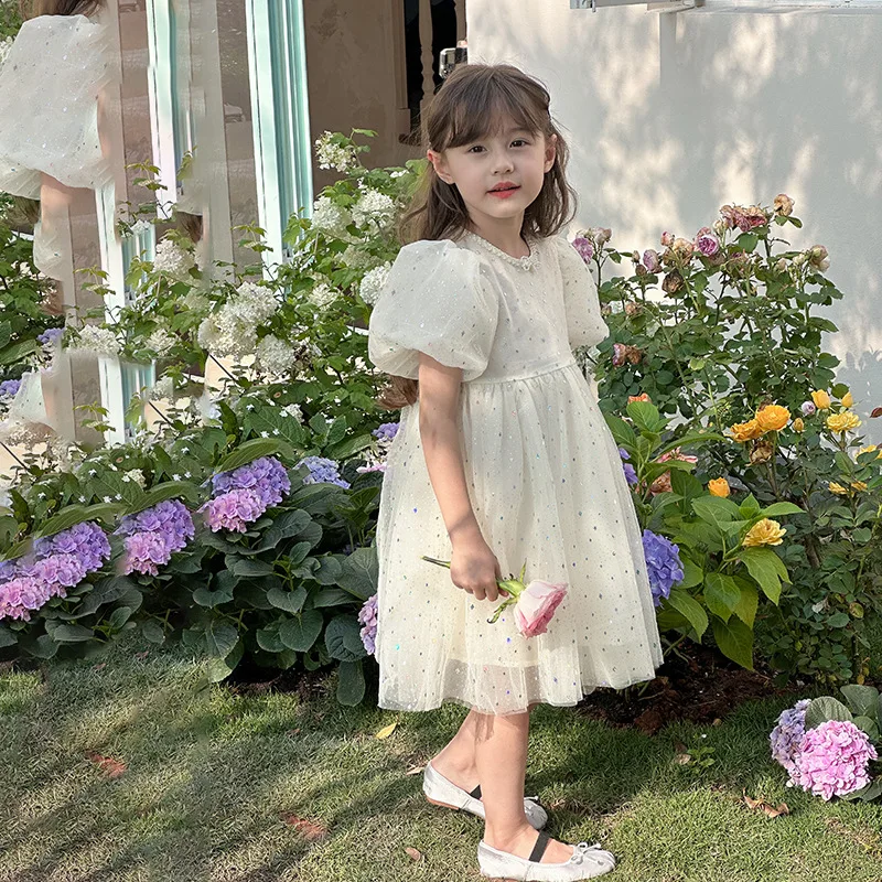 Girls Children Dress Princess Dress 2024 Summer Girls Glitter Temperament Fairy Pommel Skirt Korean Sweet Style Clothes