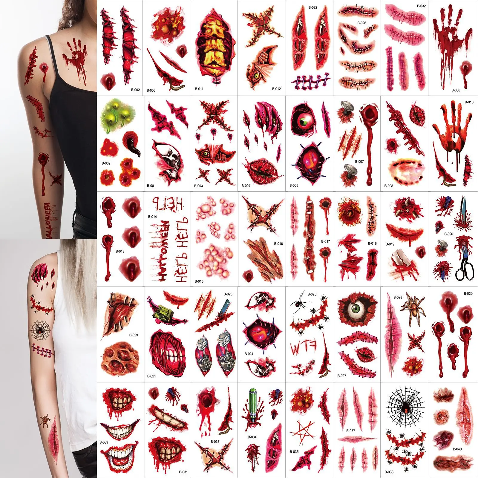 10pcs 3D Fake Scar Tattoos Sticker Body Face Realistic Scab Temporary Tattoos Halloween Horror Wound Bloody DIY Makeup Stickers