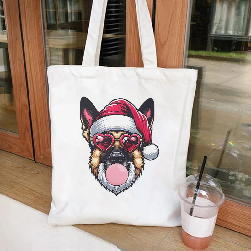 Bolso de lona de perro pastor alemán de Navidad para mujer, bolsos de compras, almacenamiento de dibujos animados ambiental, bolso de hombro reutilizable