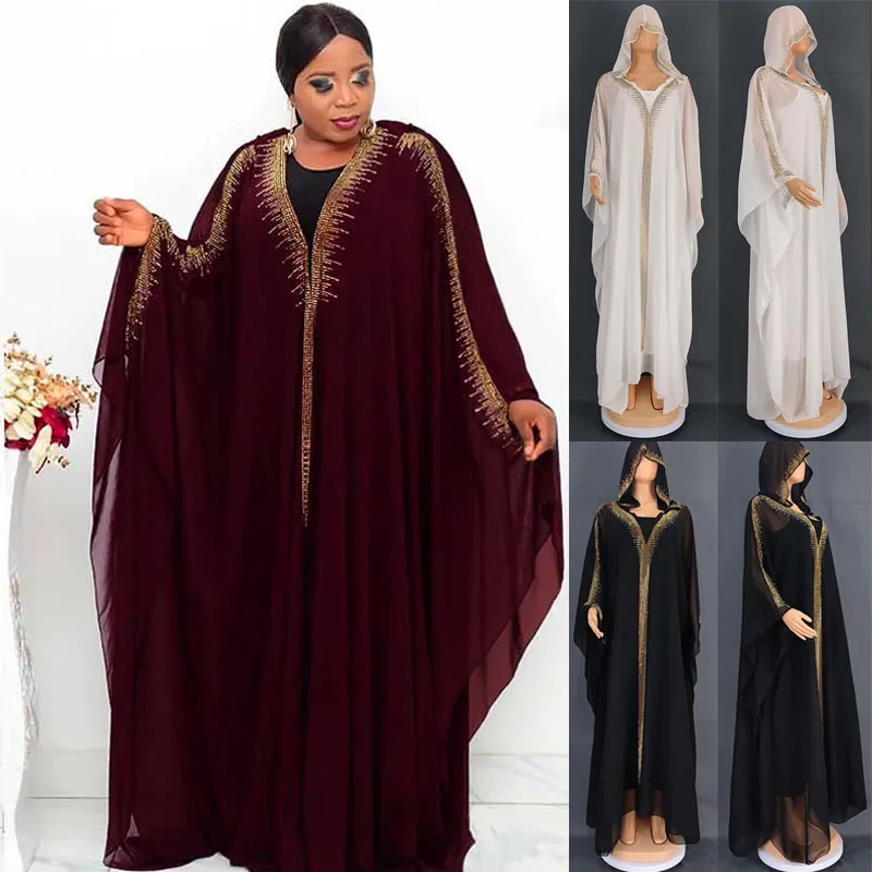 

Dubai Djellaba Eid Hooded Chiffon Luxury Diamonds Abaya Muslim Boubou African Bat Sleeve Maxi Dress Turkey Arabic Kaftan Ramadan