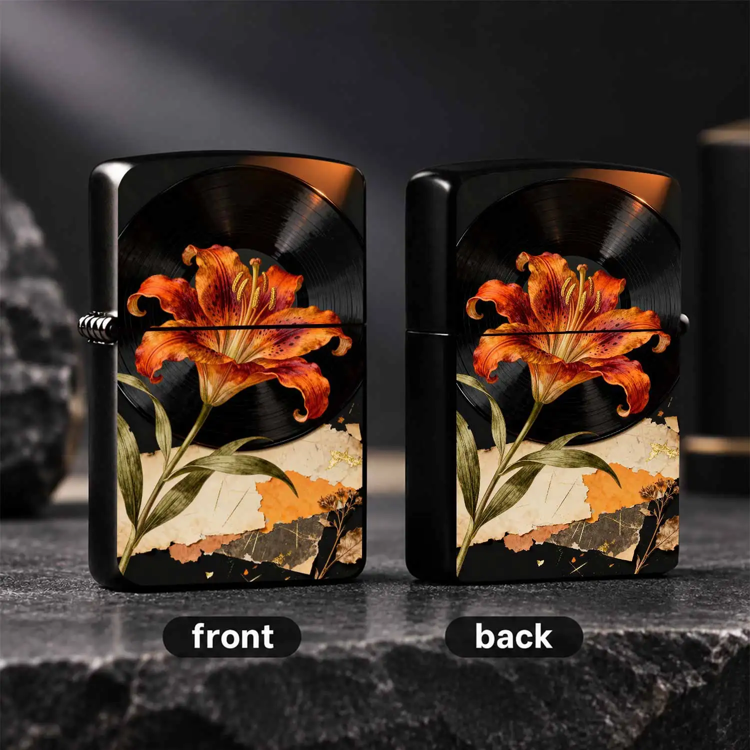 Vintage Aesthetic Orange Lily Vinyl Record Themed Lighter, Artistic Design With Aged Paper Golden Foil Accent, Versatile For All Scenarios, Exquisite Portable Stylish Accessory, Ideal For Daily Use And Gifting A Humorous And Interesting Lig