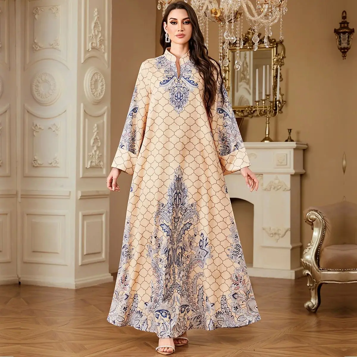 

Американская новая модная коллекция 2025: Арабское женское свободное повседневное платье с принтом, прямого кроя, с высоким вырезом на 45 градусов, со средней высокой талией, из мягкой ткани