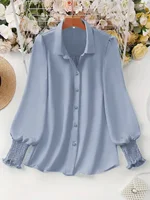 Plus Size 2025 Spring and Summer New Women's Casual Puff Sleeve Blouse Solid Color Suitable for Office Outdoor Single Breasted - Image 2