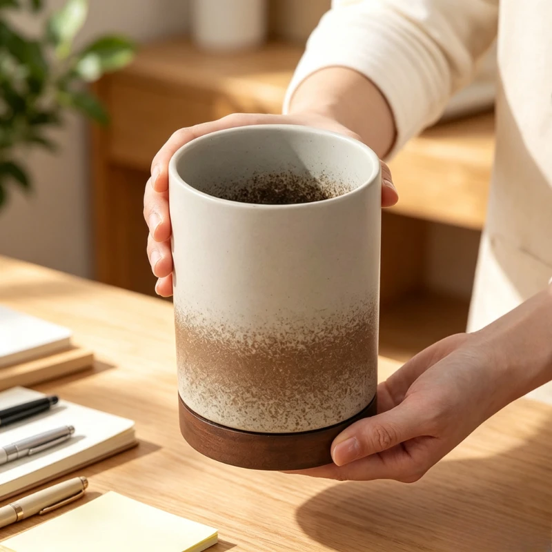 和風陶器製食器ホルダー、水切り可能な箸・スプーン・フォーク収納容器、木製台座付き、キッチンカウンター用