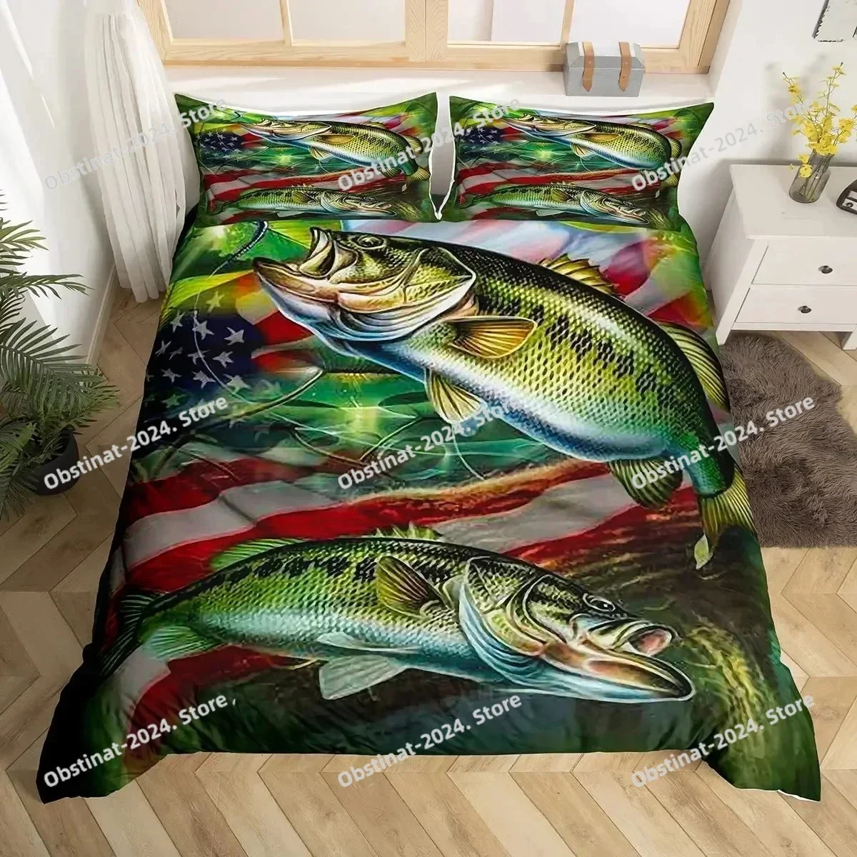 Pike Fish Bedding Striped Bass Big Pattern Hunting and Fishing Themed Duvet Cover for Boys BedRoom Decorations for Teens