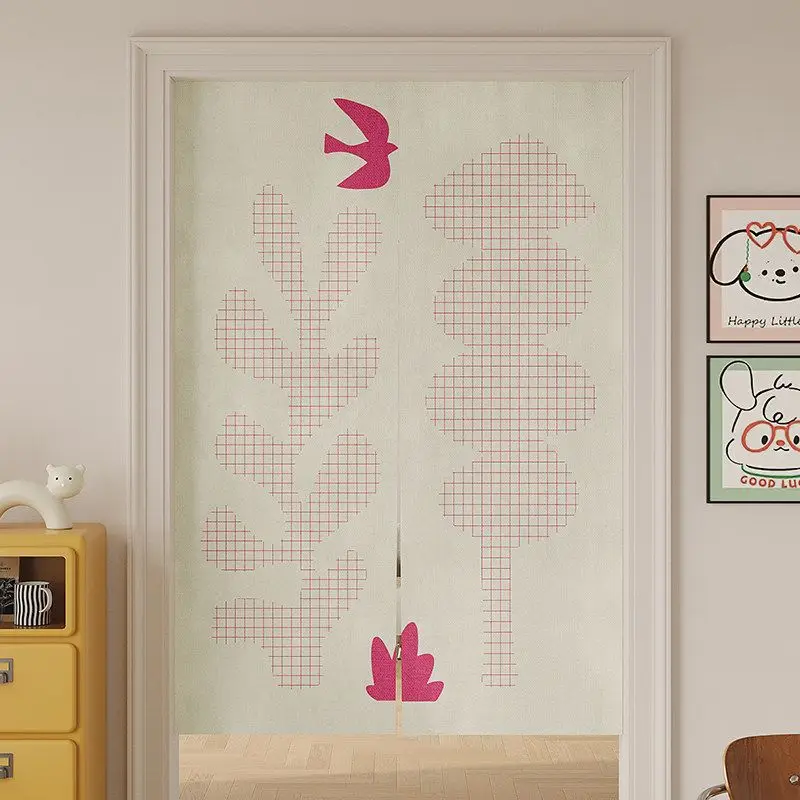 Geometric Grid Plant Bird Noren Split Door Curtain Room Divider Privacy Curtain for Living Room Apartment Minimal Home Decor