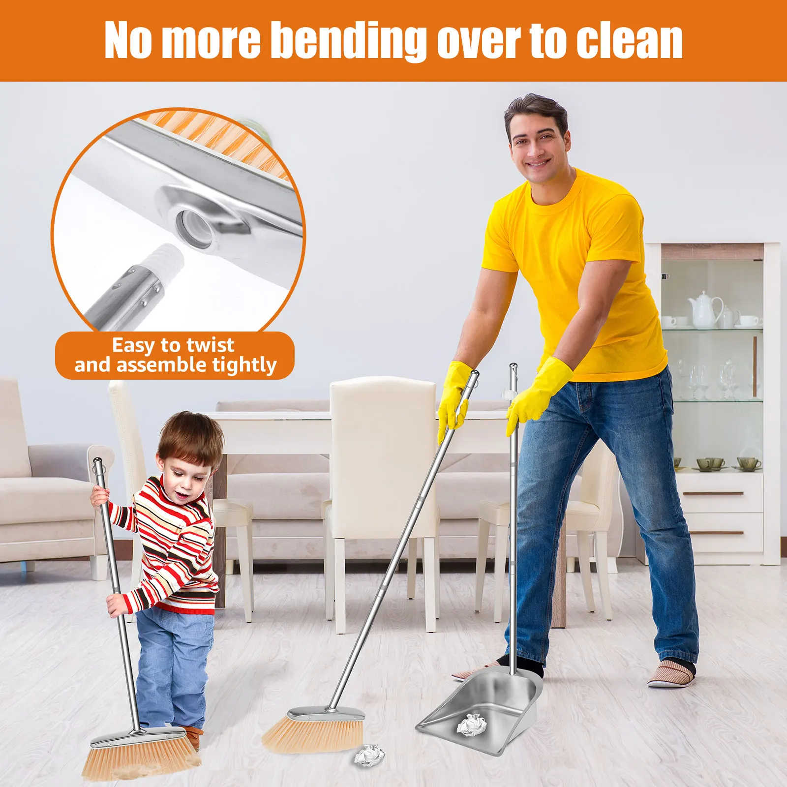 Stainless Steel Broom Dustpan Set Plastic Upright Broom Dustpans with Long Handle Heavy Duty Dustpan Broom Combo Set Portable