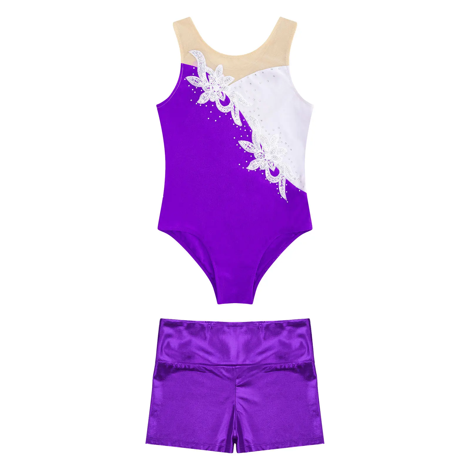 Kids Girls Sleeveless Gymnastics Leotard + Shorts for Ballet Dance Outfits Dancewear Ice Figure Skaitng Gymnastics Jumpsuit