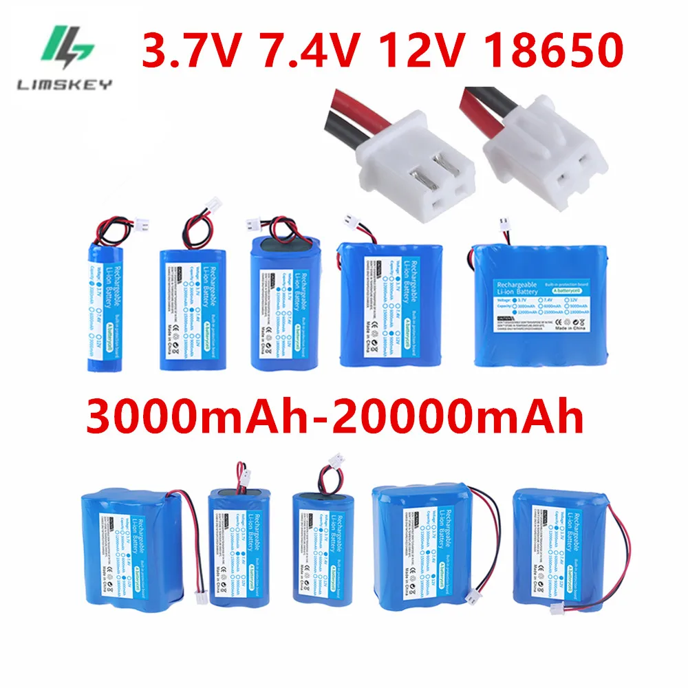 Lithium Battery 3.7V 7.4v 12v 18650 with XH2.54-2P Plug 3000mah 6000mah 12000mah 20000mAh + PCB For Megaphone Speaker and so on